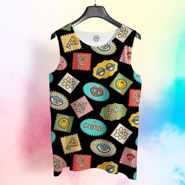 Takeincart full printed sando with retro colorful patch motifs on black background summer beach sando