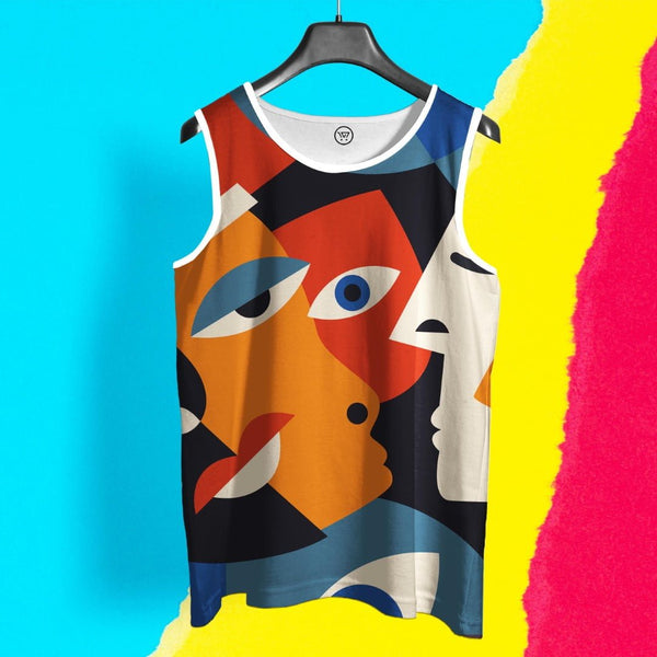 Custom full print sando by Takeincart featuring colorful abstract face all over print on lightweight sleeveless top