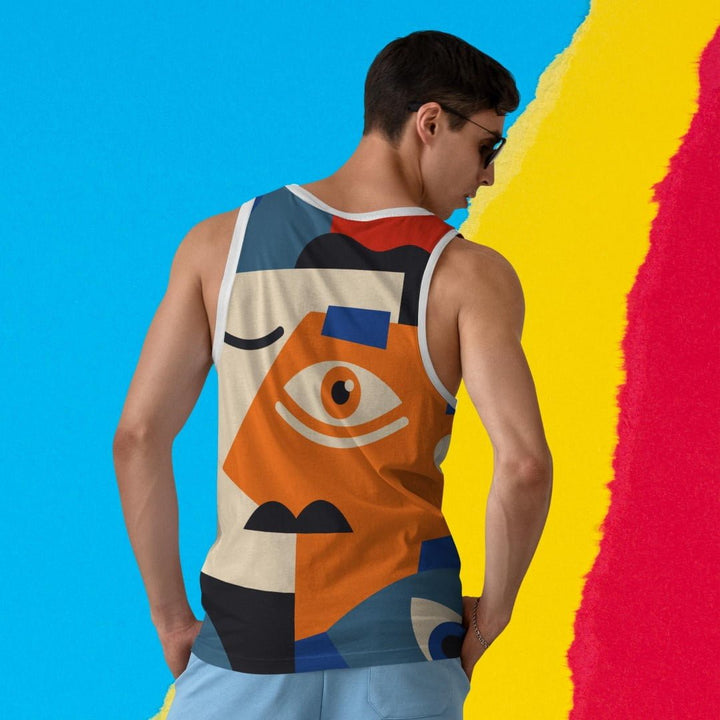 Custom full print sando featuring bold abstract face graphic on lightweight sleeveless tank worn by male model