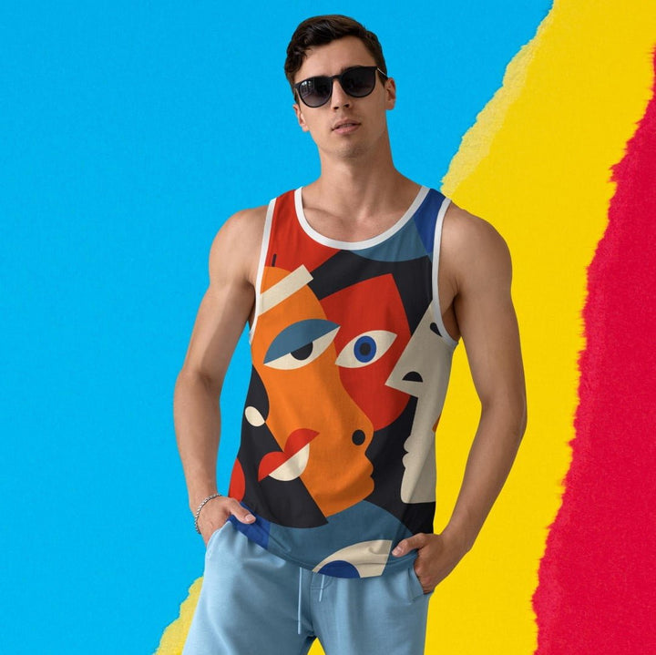 Male model wearing Takeincart Custom full print sando with colorful abstract face print on lightweight summer tank