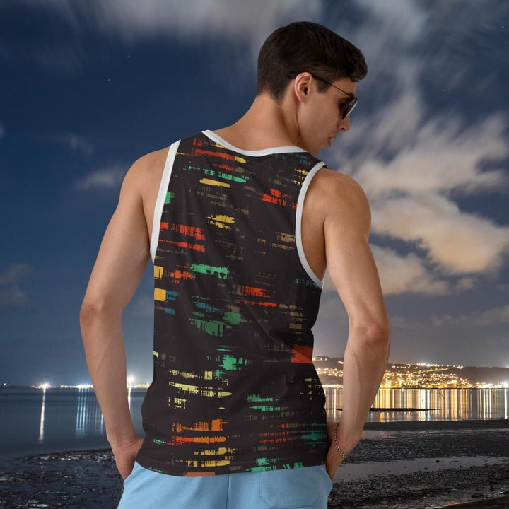 Back view of man wearing Takeincart Unisex printed sando with multicolor distressed brush print on black at night beach