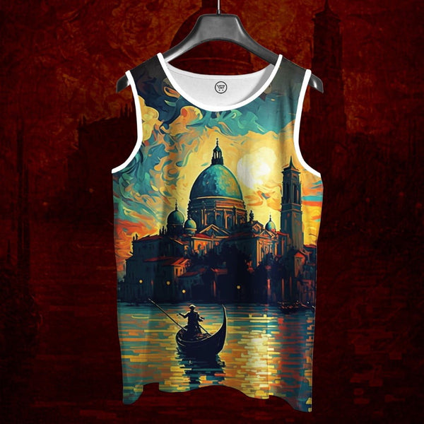 Unisex printed sando featuring full color Venetian sunset print with domed cathedral and gondola