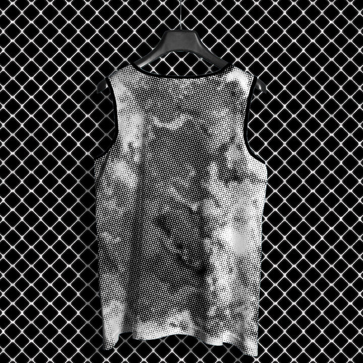 Buy full print sando online Takeincart black and white halftone full printed sando hanging on hanger against chain link fence