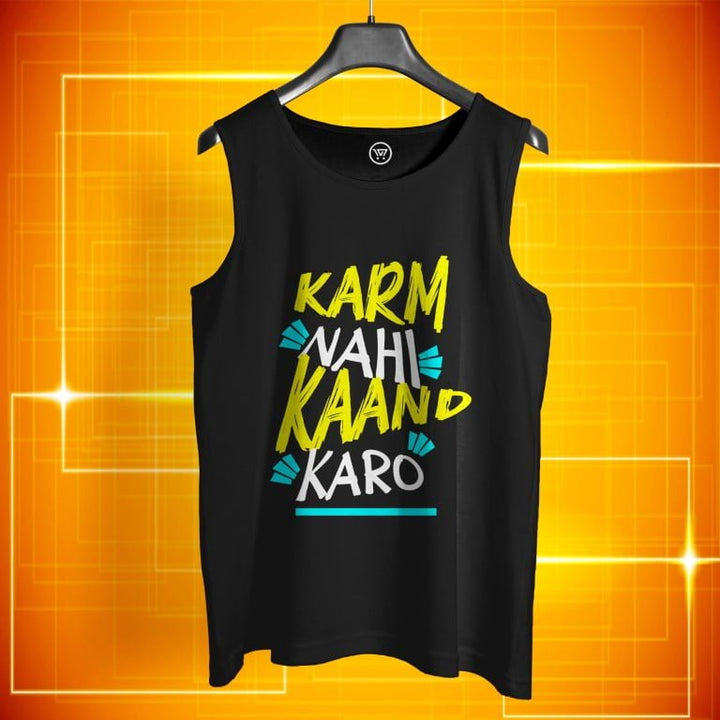 Black breathable cotton vest sleeveless shirt with colorful Karma graphic print by Takeincart