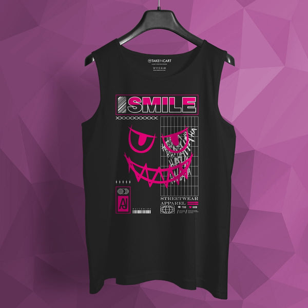 Black gym sando vest by Takeincart with pink smiley face graphic and streetwear text design