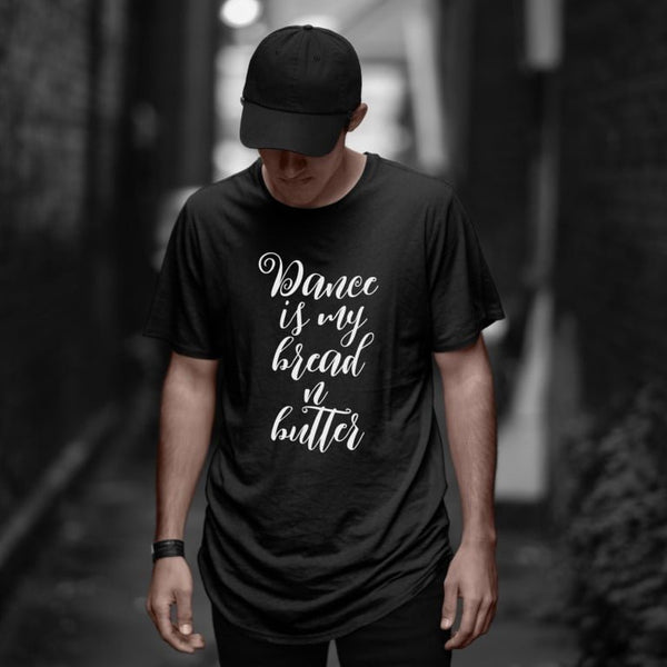 Takeincart black cotton longline t-shirt with white text reading dance is my bread n butter