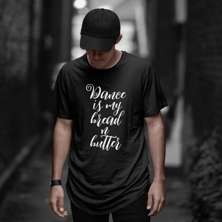 Takeincart black cotton longline t-shirt with white text reading dance is my bread n butter