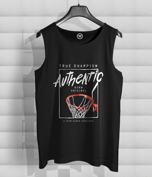 Black cotton sleeveless t-shirt with basketball hoop graphic and authentic text design