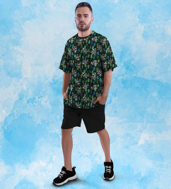 BOLT N SKULL PRINTED OVERSIZED T-SHIRT
