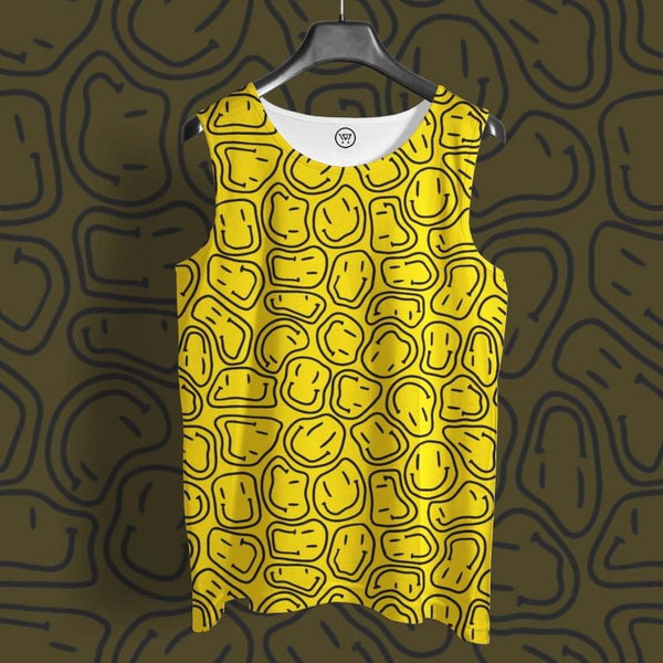 Takeincart yellow full printed sleeveless top with abstract black smiley pattern graphic art sando for casual wear