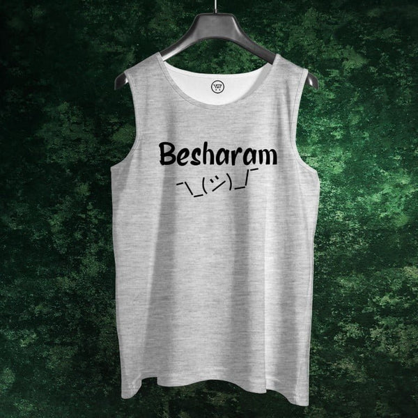Gray cotton sando with Besharam text and shrug emoji printed on front buy sando online