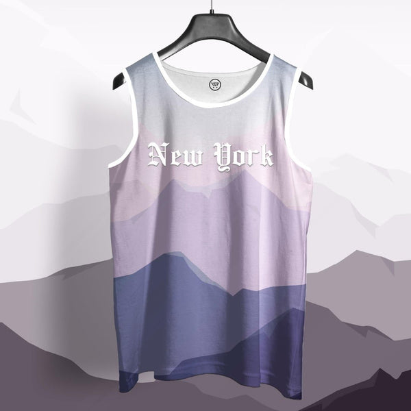 Men's printed sando with white New York gothic text and purple layered mountain gradient print on sleeveless tank