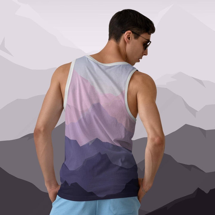 Men's printed sando with full mountain gradient print on back worn by male model with sunglasses