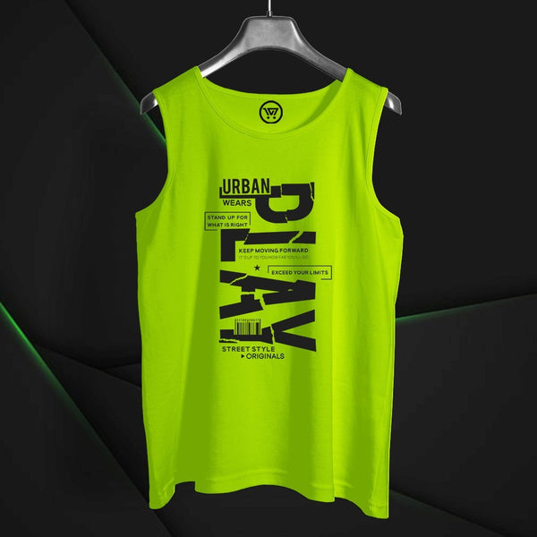 Bright green cotton sando tank top with black urban graphic print by Takeincart