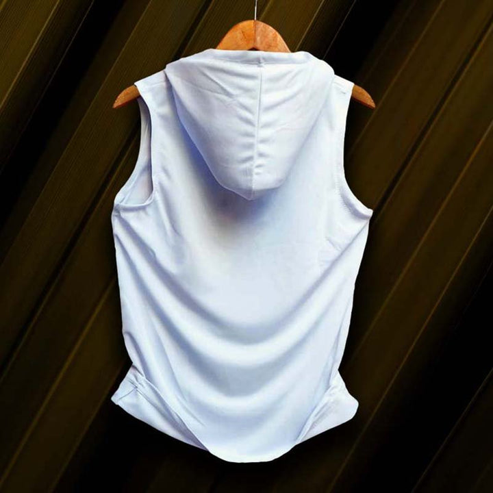 Graphic hoodie sando white cotton sleeveless hooded top back view on wooden hanger by Takeincart