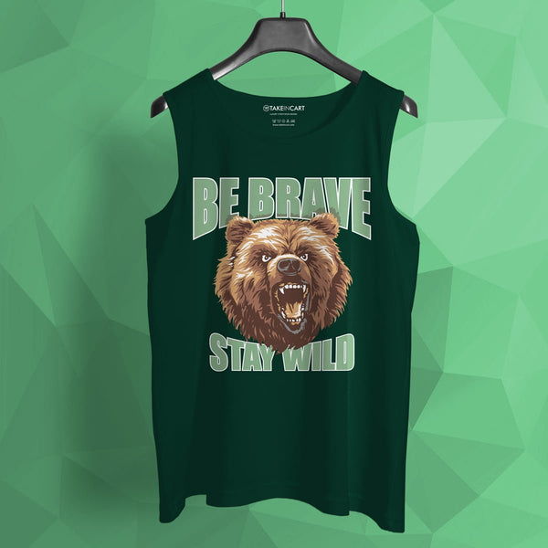 Takeincart cotton daily wear sando t-shirt in dark green with bear graphic and be brave stay wild text