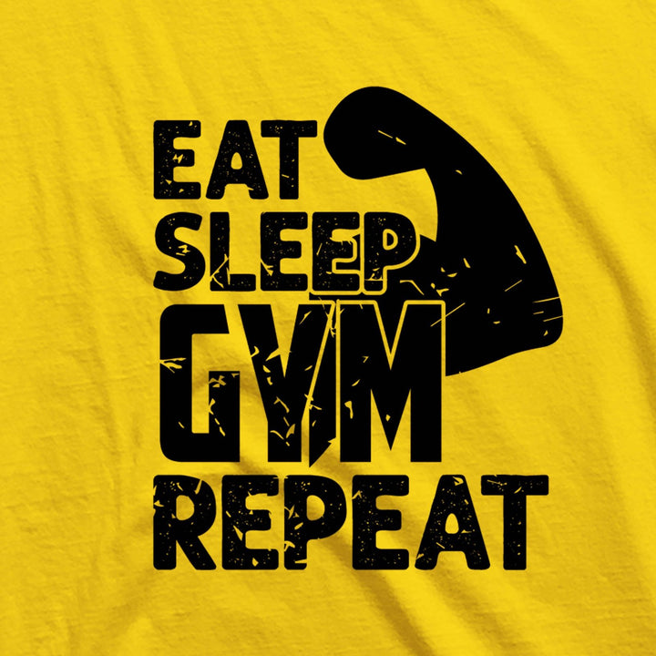 Yellow cotton gym sando for men with Eat Sleep Gym Repeat black flexed muscle graphic