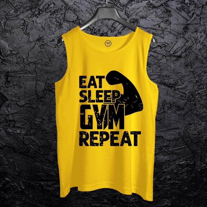 Yellow cotton gym sando for men with Eat Sleep Gym Repeat print and muscle graphic