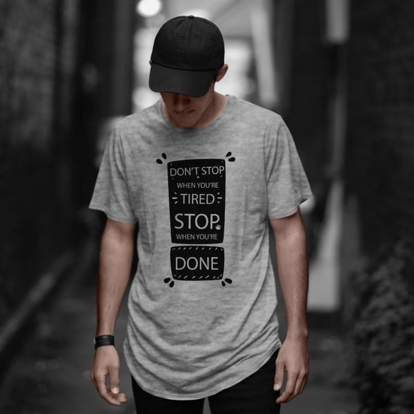 Takeincart cotton longline T shirt on male model with black motivational print Dont stop when youre tired tropical sando men