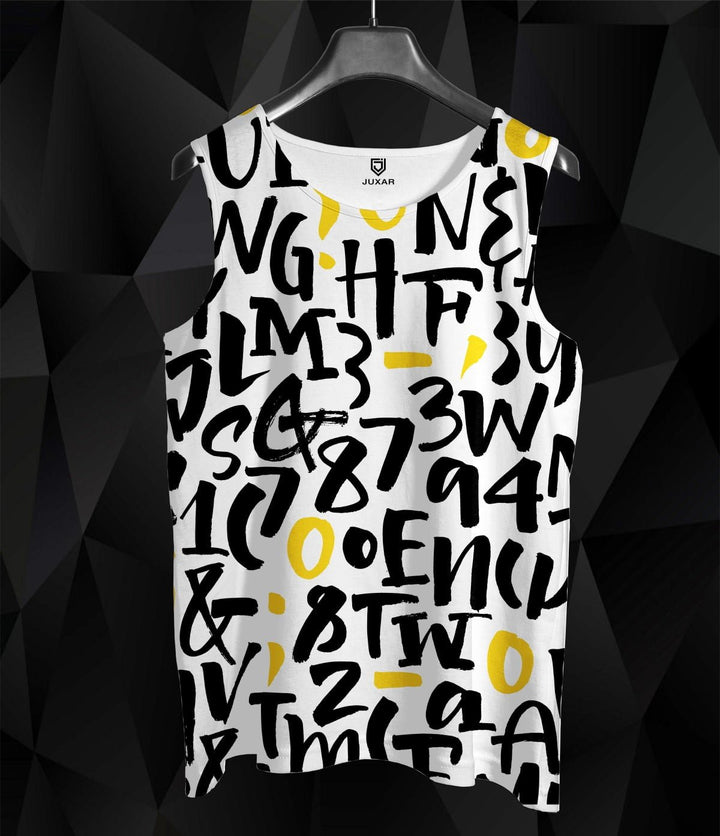 Takeincart beach printed sando white sleeveless tank with black graffiti numbers and yellow accents hanging on a hanger
