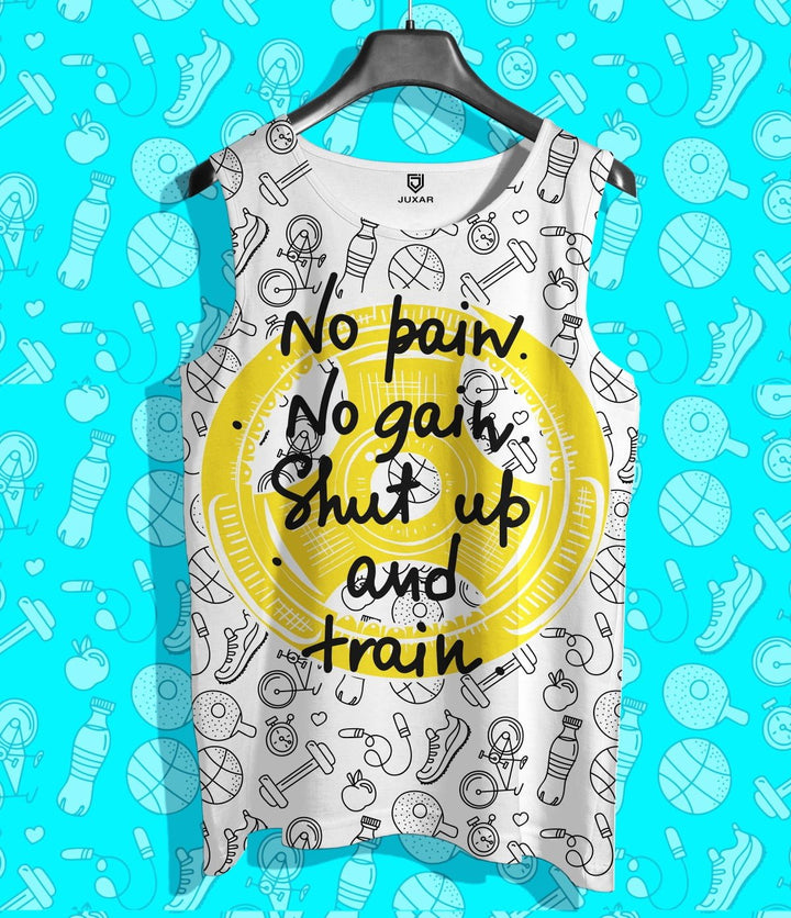Takeincart casual printed sando white sleeveless gym tank with yellow barbell plate and motivational text