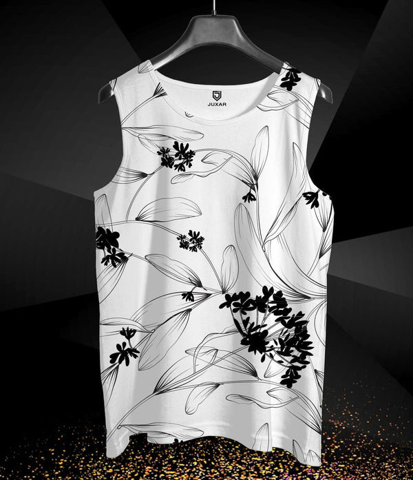 Takeincart full printed sando men white tank with black floral print lightweight summer beachwear