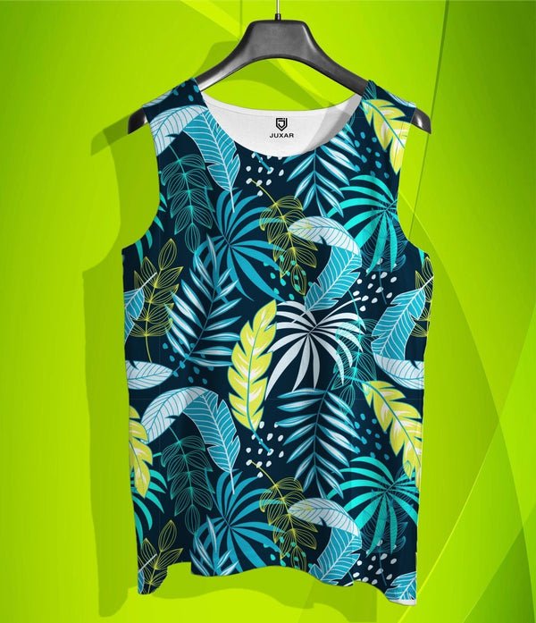 Takeincart summer printed sando full printed tropical leaf tank top in teal navy on hanger