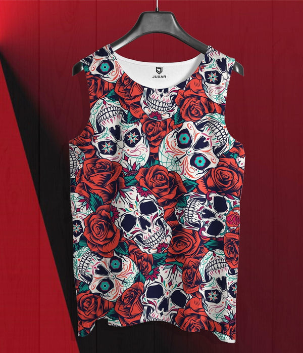 tropical sando men full printed tank top with colorful sugar skulls and red roses by Takeincart