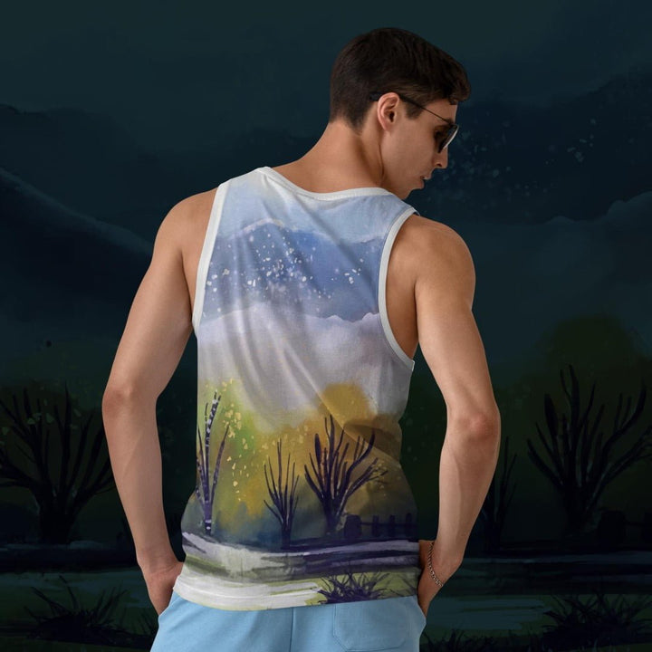 Takeincart full printed Trendy print sando showing scenic night landscape print on back worn by male model