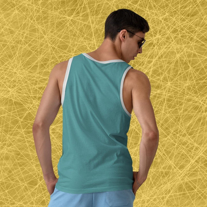 Takeincart Full print sando for women mockup on male model wearing teal tank top with white trim