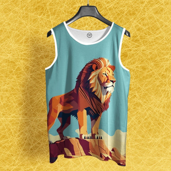 Full print sando for women Takeincart teal sleeveless tank with bold geometric lion print and white trim on hanger