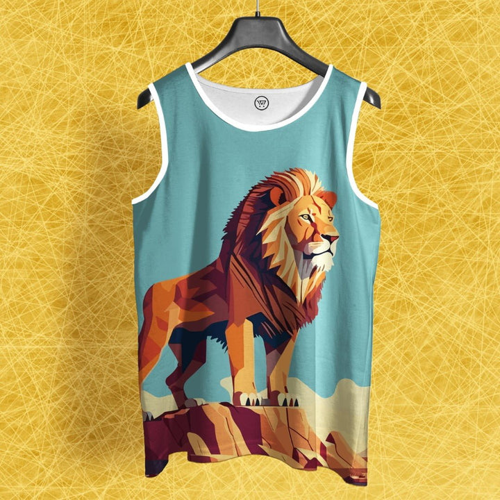 Full print sando for women Takeincart teal sleeveless tank with bold geometric lion print and white trim on hanger