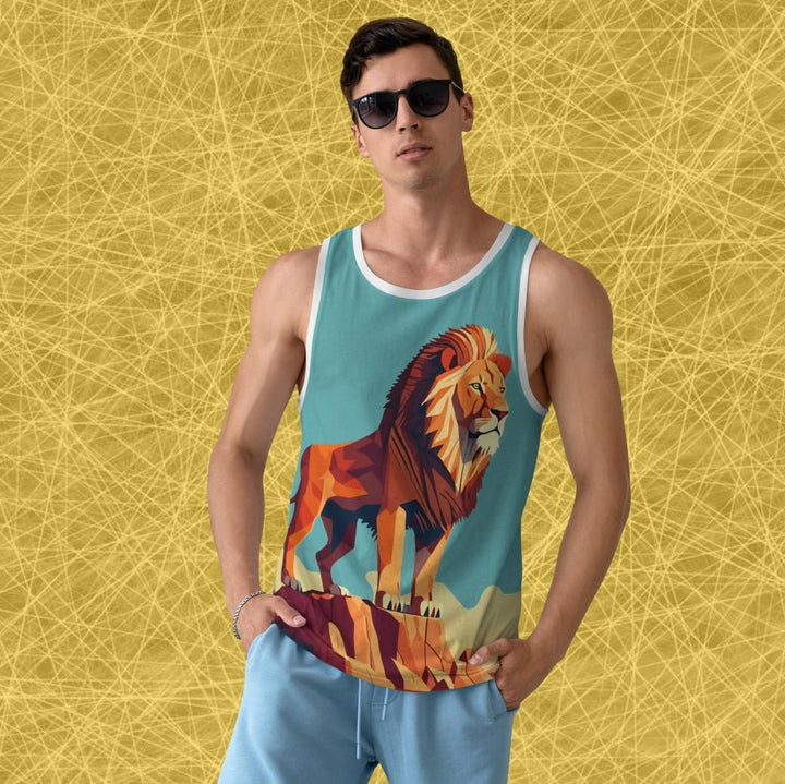 Takeincart Full print sando for women. Geometric lion full print on teal tank with white trim