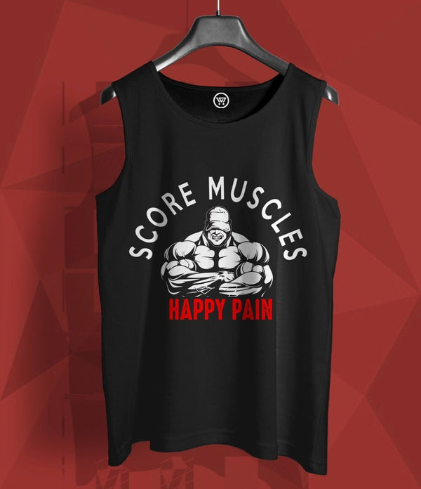 Black men’s cotton sando t-shirt with Score Muscles Happy Pain graphic design