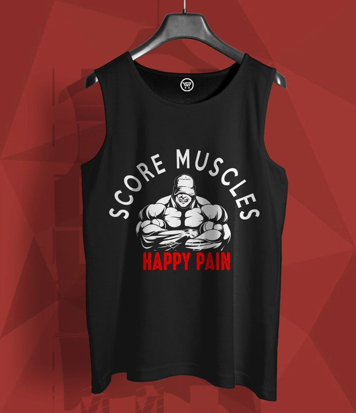 Black men’s cotton sando t-shirt with Score Muscles Happy Pain graphic design