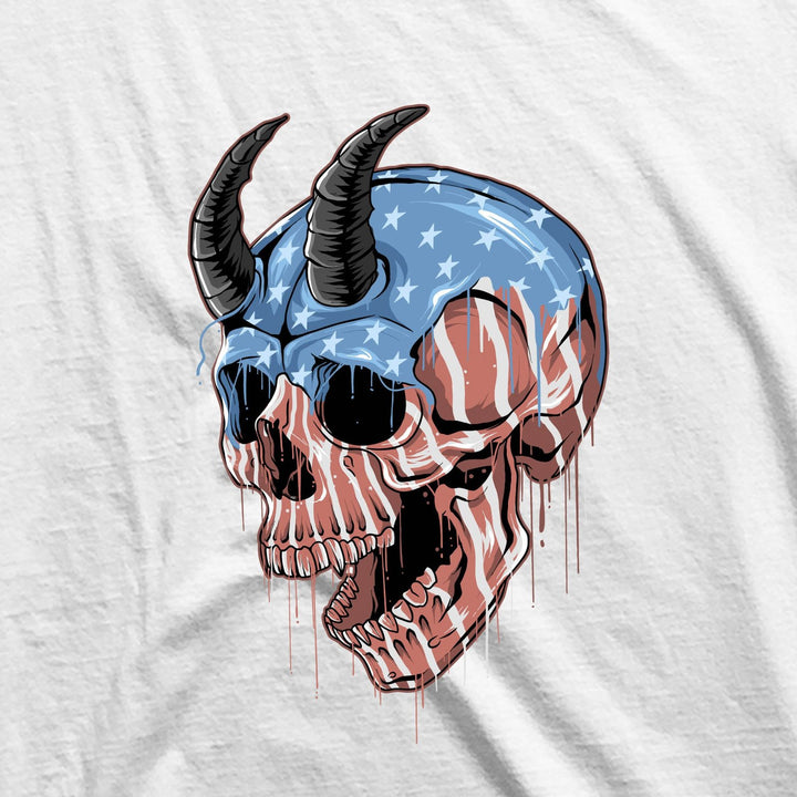 Takeincart men's punk sleeveless tee featuring a skull with horns and American flag design on white cotton fabric