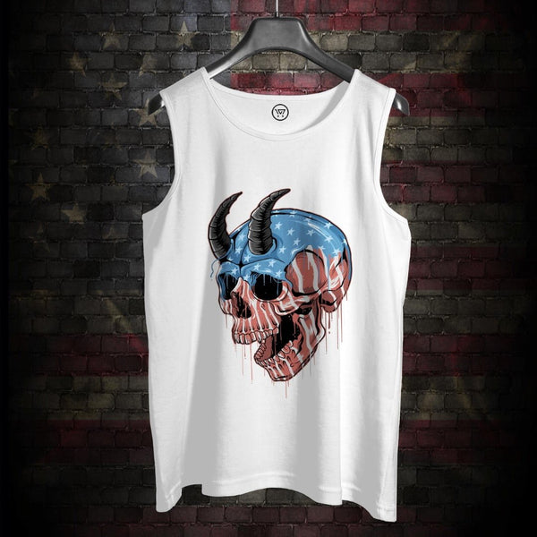 White cotton sandos men's punk sleeveless tee with American flag skull and horns graphic
