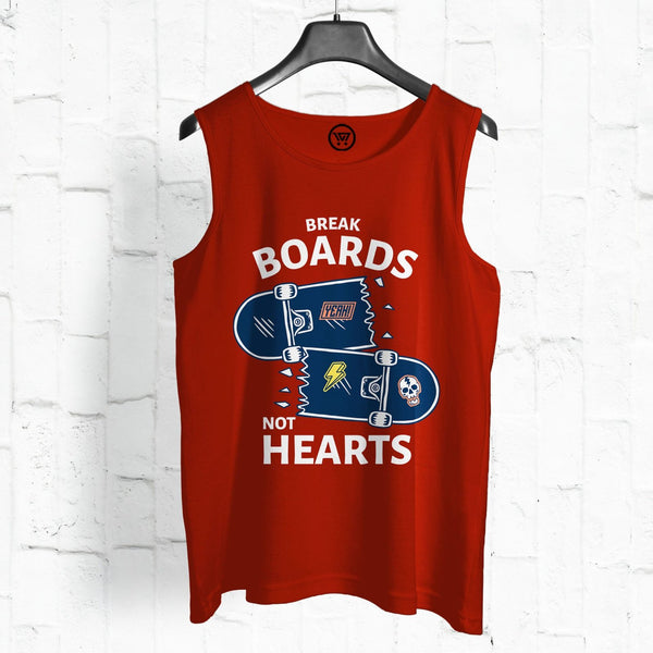 Red cotton men’s sando by Takeincart with skateboard graphic and Break Boards Not Hearts text