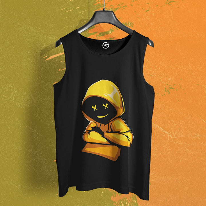 Black cotton men’s undershirt sando with yellow hooded cartoon graphic on hanger