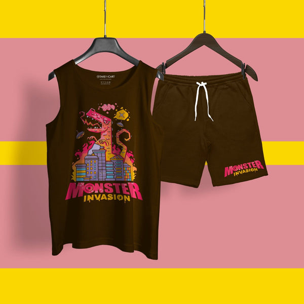 MONSTER INVASION DARK BROWN SANDO CO-ORD SET