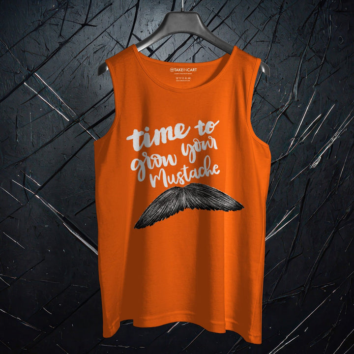 Orange sleeveless t-shirt sando with mustache graphic and time to grow your mustache text