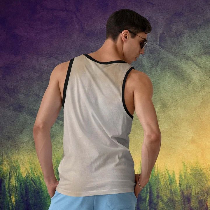 Summer print sando full printed beige tank with black trim on male model by Takeincart for casual summer beachwear