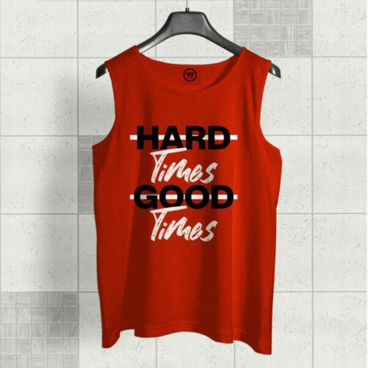 Takeincart breathable sando vest for men in red with motivational hard times good times print