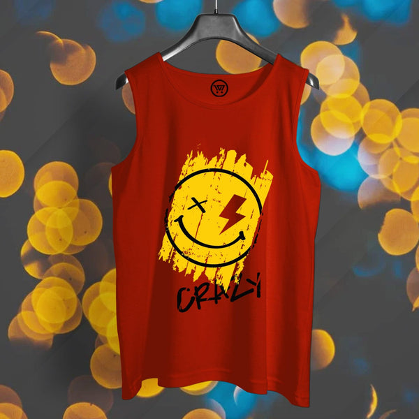 Red premium cotton sando with yellow smiley face graphic and crazy text printed on front