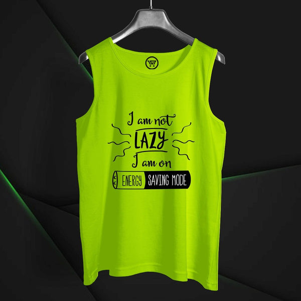 Bright green cotton round neck sando with I am not lazy energy saving mode print