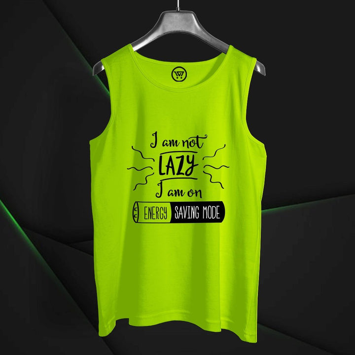 Bright green cotton round neck sando with I am not lazy energy saving mode print