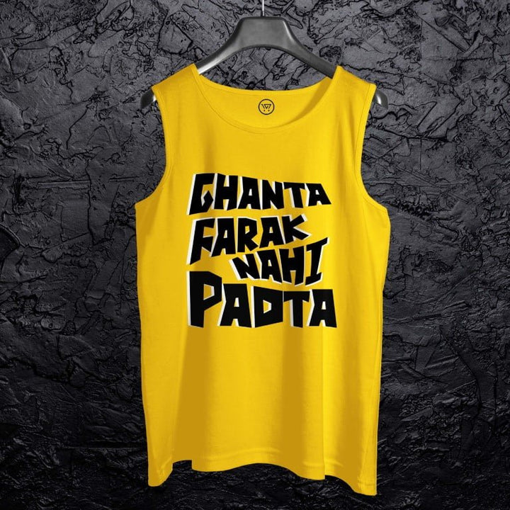 Yellow cotton sando for gym workout with bold black text design hung on black hanger