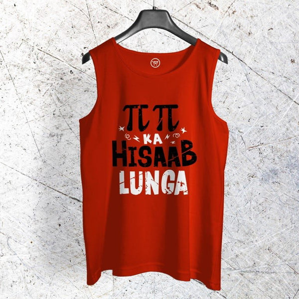 Red cotton sando for home wear with printed text design displayed on black hanger