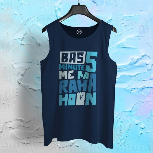 Takeincart navy blue cotton sando for men with graphic text design on front
