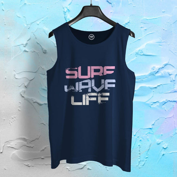 Takeincart navy blue cotton sando for men with Surf Wave Life graphic print on front
